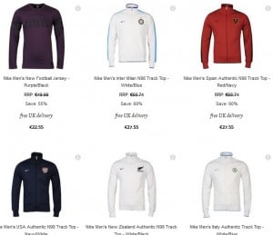 27,55 euros la Veste Nike (Barcelone, Inter Milan, Italie, Espagne, All Blacks..), 12,55 euros  les T-shirts Nike (port inclus) 