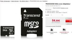 carte mémoire Micro SDXC 64Go Classe 10 Transcend