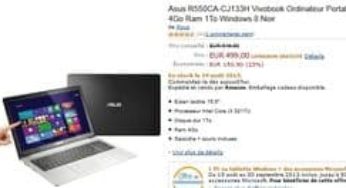 Moins de 500 euros l’ordinateur portable Asus tactile 15,6″ / Core i3 / DD 1To / Windows 8 port inclus