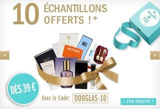 10 échantillons offerts des 39 euros chez parfumerie Douglas (internet)