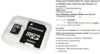 Moins de 17 euros la Carte Micro SD 32Go Classe 10 Transcend (avec adaptateur)
