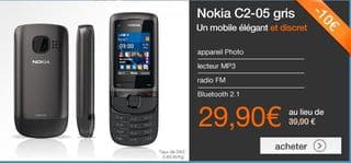 Moins de 30 euros le téléphone Nokia C2-05 (sans engagement + 5 euros Mobicarte) au lieu de 39,90 euros