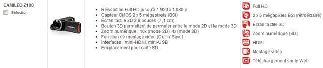 Caractéristiques du caméscope Camileo Z100 3D Toshiba 