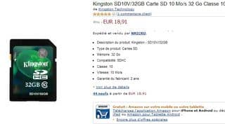 Moins de 19 euros la Carte SDHC Kingston 32 Go Classe 10 