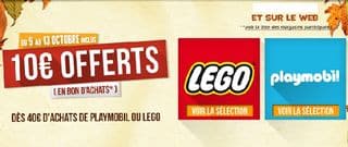 10 euros offerts pour 40 euros d’achats Lego Playmobil 