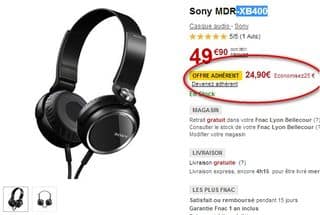 Moins de 25 euros le Casque Sony MDR-XB400 (Pour les adhérents Fnac) – port inclus