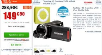 Moins de 150 euros le caméscope Toshiba 3D Camileo Z100 + iPod Shuffle GRATUIT