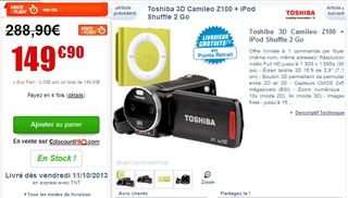 Moins de 150 euros le caméscope Toshiba 3D Camileo Z100 + iPod Shuffle GRATUIT