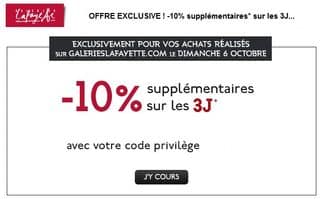 Aujourd’hui seulement -10% suppl. sur les 3J Galeries Lafayette (jusqu’à moins 60%) 