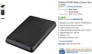 Moins de 60 euros le disque dur externe 1 To Toshiba USB 3.0 (port inclus)