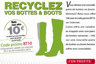 Ramenez vos vielles bottes = 10 euros de réduction chez Bata (internet et boutique)