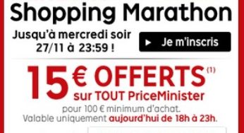 Code promo PriceMinister 15 euros pour 100 euros d’achats (jusqu’à minuit)
