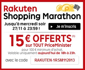 Code promo PriceMinister 15 euros pour 100 euros d’achats (jusqu’à minuit)