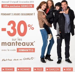 code promo GEMO 30 pourcent sur les manteaux