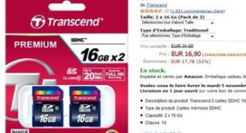 16 euros les 2 cartes mémoire SDHC 16 Go Transcend cl. 10 (port inclus)
