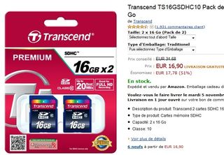 lot de 2 cartes SDHC 16Go Transcend