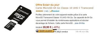 35,90 euros la carte mémoire MicroSD 64 Go Transcend cl. 10 (port inclus) Uniquement aujourd’hui