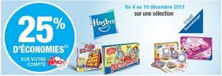 1 Jeu Hasbro / Ravensburger acheté = 25% créditée sur votre compte Waaoh (Auchan)