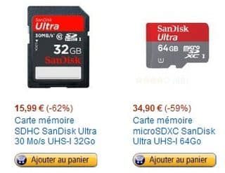 Vente flash carte SD SanDisk : 15 euros la SDHC 32Go 30 Mo/s cl. 10 et 35 euros la MicroSDXC 64 Go cl.10