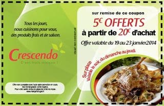 5 euros de réduction immédiate Cafétéria Crescendo (sur une addition de 20 euros)