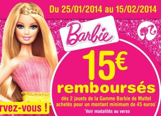 2 jouets Barbie (45 euros mini) achetés = 15 euros remboursés / ODR Mattel