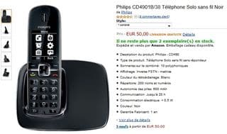 25 euros le téléphone DECT solo PHILIPS CD4901B (au lieu de 50 euros) / livraison gratuite