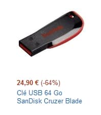 Cle USB Sandisk 64Go Cruzer Blade à 24,90 euros (vente eclair) EPUISÉE