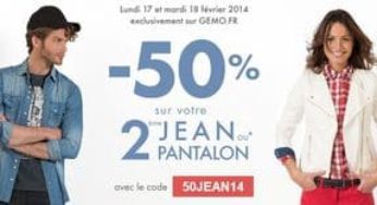 Gémo : 1 jean ou pantalon acheté = le second à moins 50%