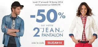 Gémo : 1 jean ou pantalon acheté = le second à moins 50%