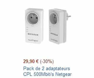 Moins de 30 euros le lot de 2 Adaptateurs CPL 500 Mbit/s Netgear avec prise (port inclus)