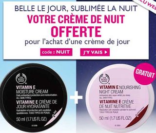 1 crème de jour Body Shop achetée = 1 crème de nuit offerte (jusqu’à demain)