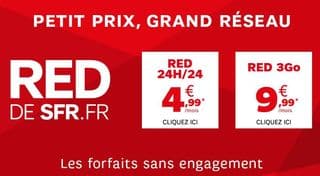 Forfait SFR RED 24/24 à 4,99 euros/mois (au lieu de 11,99€) et RED 3G à 9,99 euros/mois (au lieu de 19,99€)