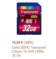 Moins de 20 euros la carte SDHC 32Go Transcend