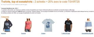 Nouveau bon plan mode, avec chez Amazon un nouveau code promo / offre spéciale sur les t-shirts, sweats et top ! Jusqu’au 27 avril vous allez pouvoir obtenir 20% de remise immédiate pour tous achats de deux hauts présents dans la sélection via un code promo. Le code promo valable sans minimum peut être utilisé sur plus de 500 articles pour femmes, hommes et enfants. Voir la sélection 2 articles = 20% de réduction Pour bénéficier de cette offre vous devez donc acheter 2 articles de la sélection et de saisir au moment du paiement le code promo TSHIRT20 