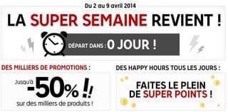 Aujourd’hui et toute la semaine grosses affaires en prévision chez Priceminister ! En effet c’est la Super Semaine avec des remises allant jusqu’à moins 50% et des offres flash tous les jours ! En plus de cela comme tous les mercredis, nouveau code promo de 24 heures sur Priceminister qui vous permet de bénéficier de 20 euros de réductions immédiates pour 140 euros d’achats ! (le code promo est limité à 1000) .  Pour voir les offres super semaine ! Inscrivez-vous  Le code promo 20 € pour 140 €  Priceminister: RAKUTEN-RSS1 est quant à lui valable sur tout mais aujourd’hui seulement. 