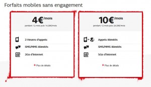 Forfaits mobiles SFR : 4 euros Red 2h +SMS et 10 euros Red 3Go (+2Go)