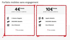 Forfaits mobiles SFR : 4 euros Red 2h +SMS et 10 euros Red 3Go (+2Go)