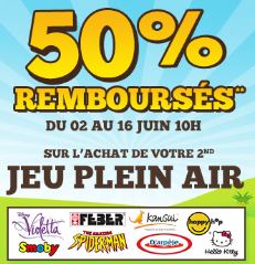 1 jouet de plein air achete le second 50 pourcent rembourses en bon d’achat Cdiscount