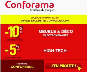 Conforama : 10% supplémentaire sur Meuble et Déco et 5% supplémentaire sur le High-Tech