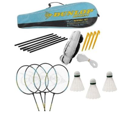 kit de badminton Dunlop comprenant 4 raquettes, des volants et un filet le tout dans un sac  pour 17,46 euros 