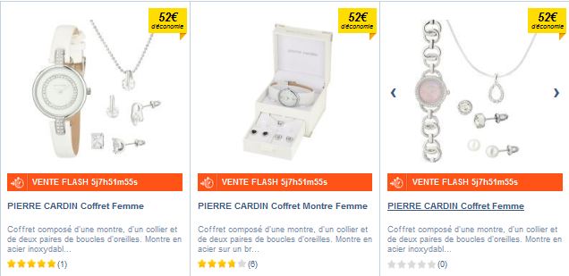 Coffret Femme PIERRE CARDIN de 29 à 49 euros (montre + collier + 2 paires boucles oreilles)