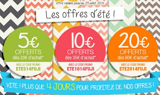 MyFuji : 5 euros offerts pour 20 euros d’achats (10 pour 35 ou 20 sur 60) sur tout le site (tirage, livre photo, cadeau photo…) 