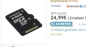 Moins de 25 euros la carte Micro SDXC Kingston 64Go port inclus (+ adaptateur)