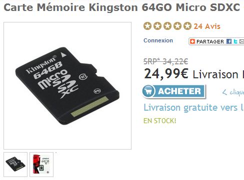 Moins de 25 euros la Micro SDXC Kingston 64Go 