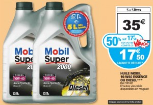 17,50 euros les 2 bidons d’huile Mobil 1 Super 2000 10W-40 de 5 litres