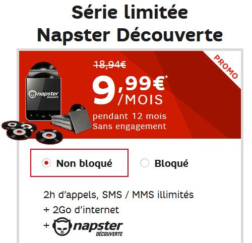 Moins de 10 euros le forfait SFR 2h d’appels / SMS & MMS illimités / internet 2Go / Napster