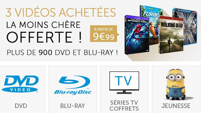 3 vidéos achetées la moins chère offerte (DVD, Blu-ray, Séries TV, enfant)