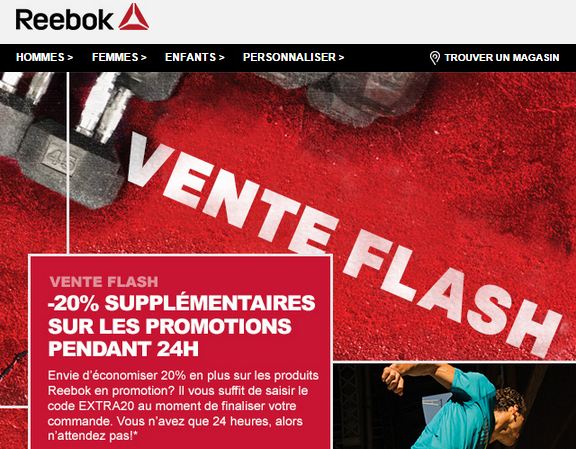 Pendant 24h : remise supplémentaire de 20% sur Outlet Reebok