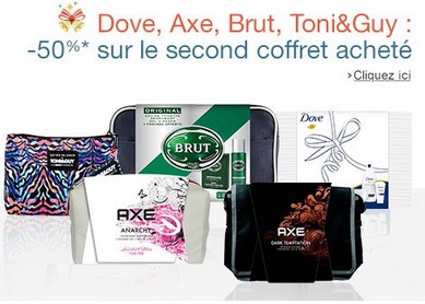 1 acheté = le second à moitié prix sur les coffrets et trousses Axe, Dove, Brut…