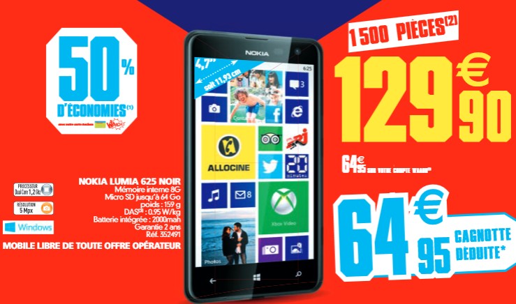 Black Friday Auchan : Smartphone Nokia Lumia 625 qui revient à moins de 65 euros (129,9€ – 64,95€ euros en cagnotte Auchan)